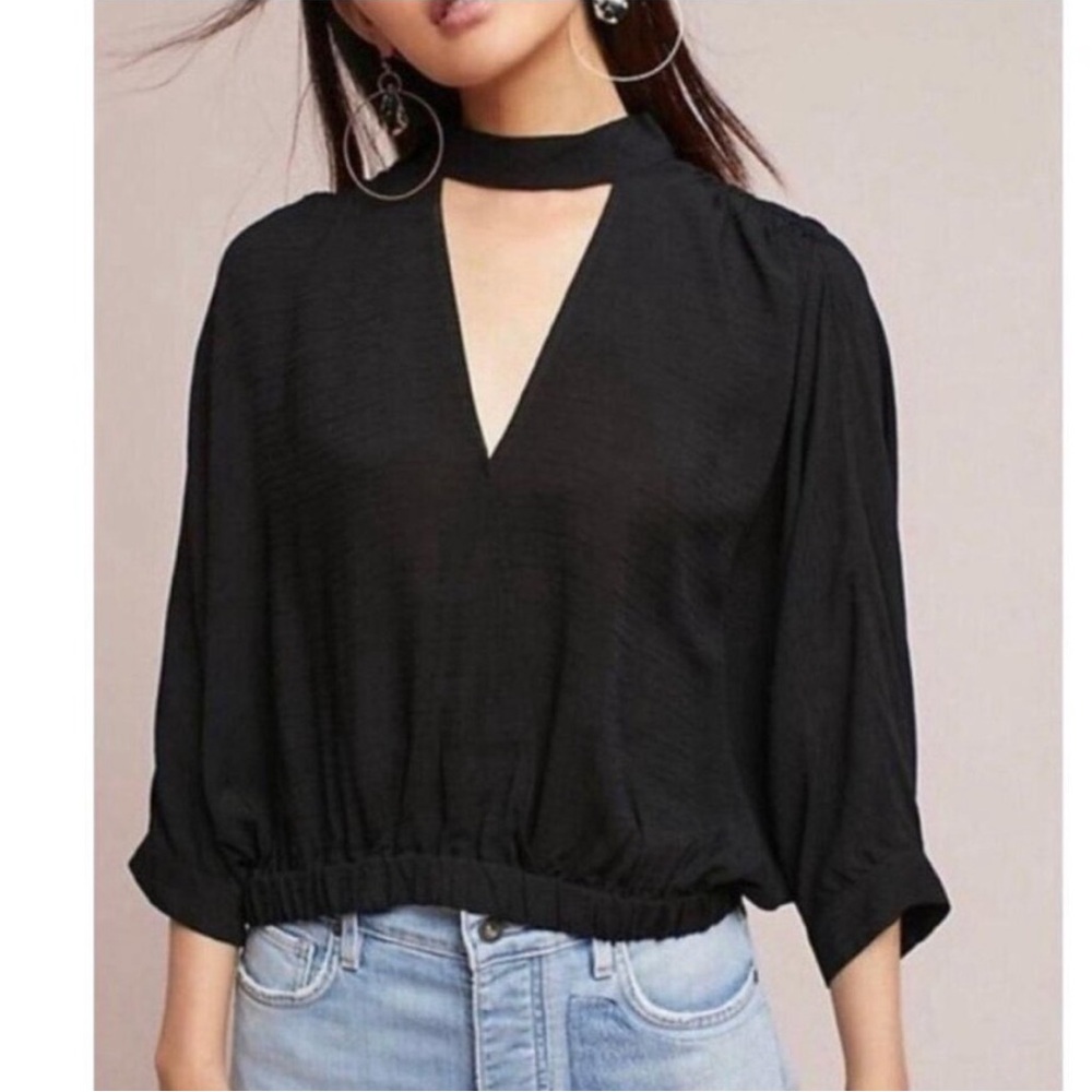 Anthropologie Maeve Surplice Blouse Size Medium High Neck Textured 3/4 Sleeves